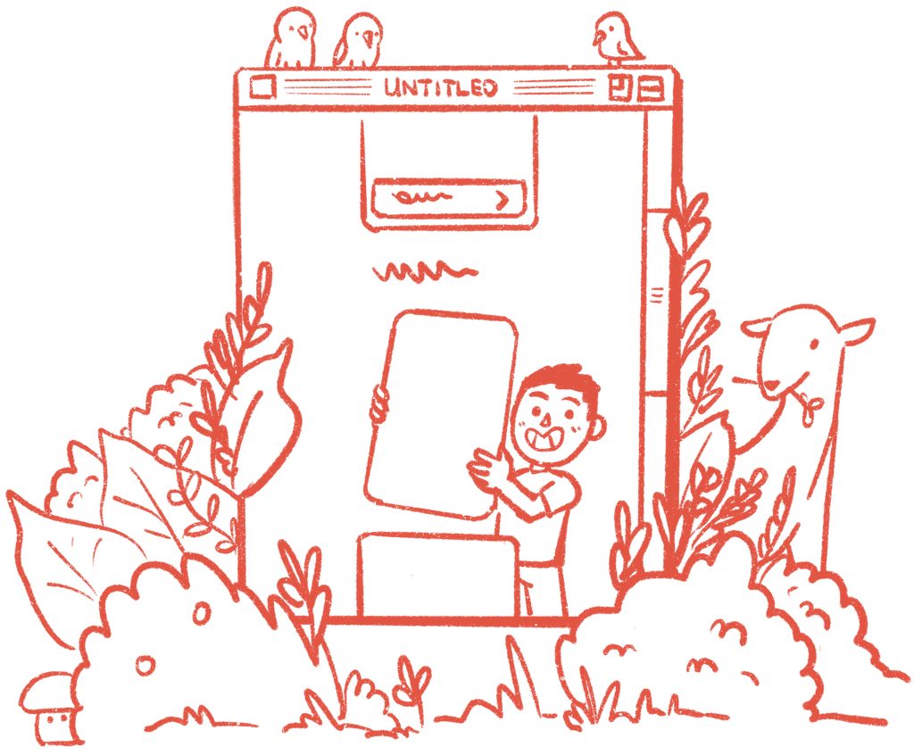 A person holding a phone in front of a browser window, surrounded by plants and birds